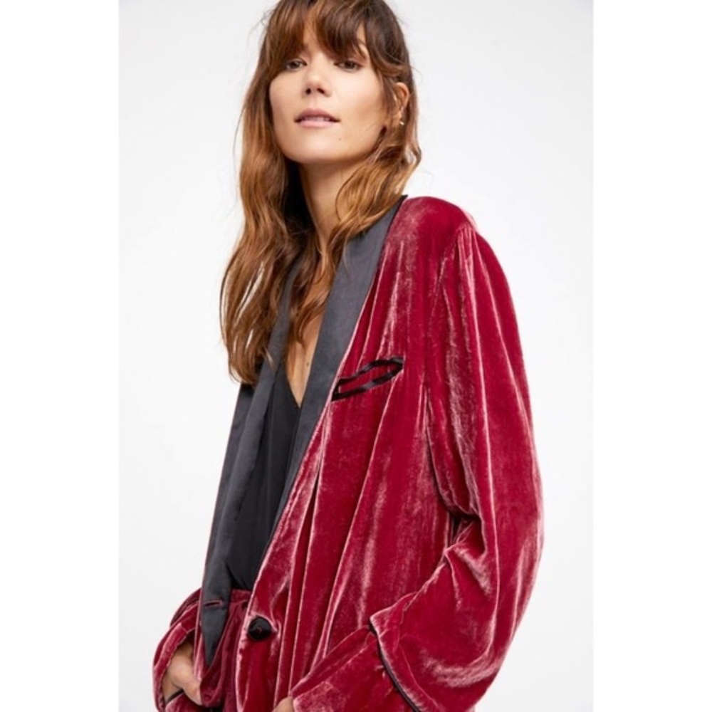 Free People Red Velvet Blazer with Black Trim